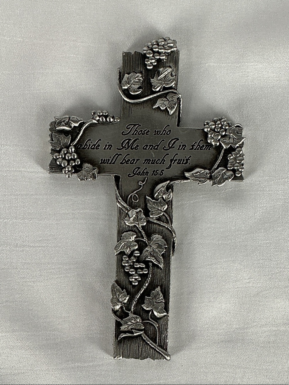 CTA Vintage 2003 Pewter Tone Grapevine John 15:5 Scripture Wall Cross Plaque 5x3